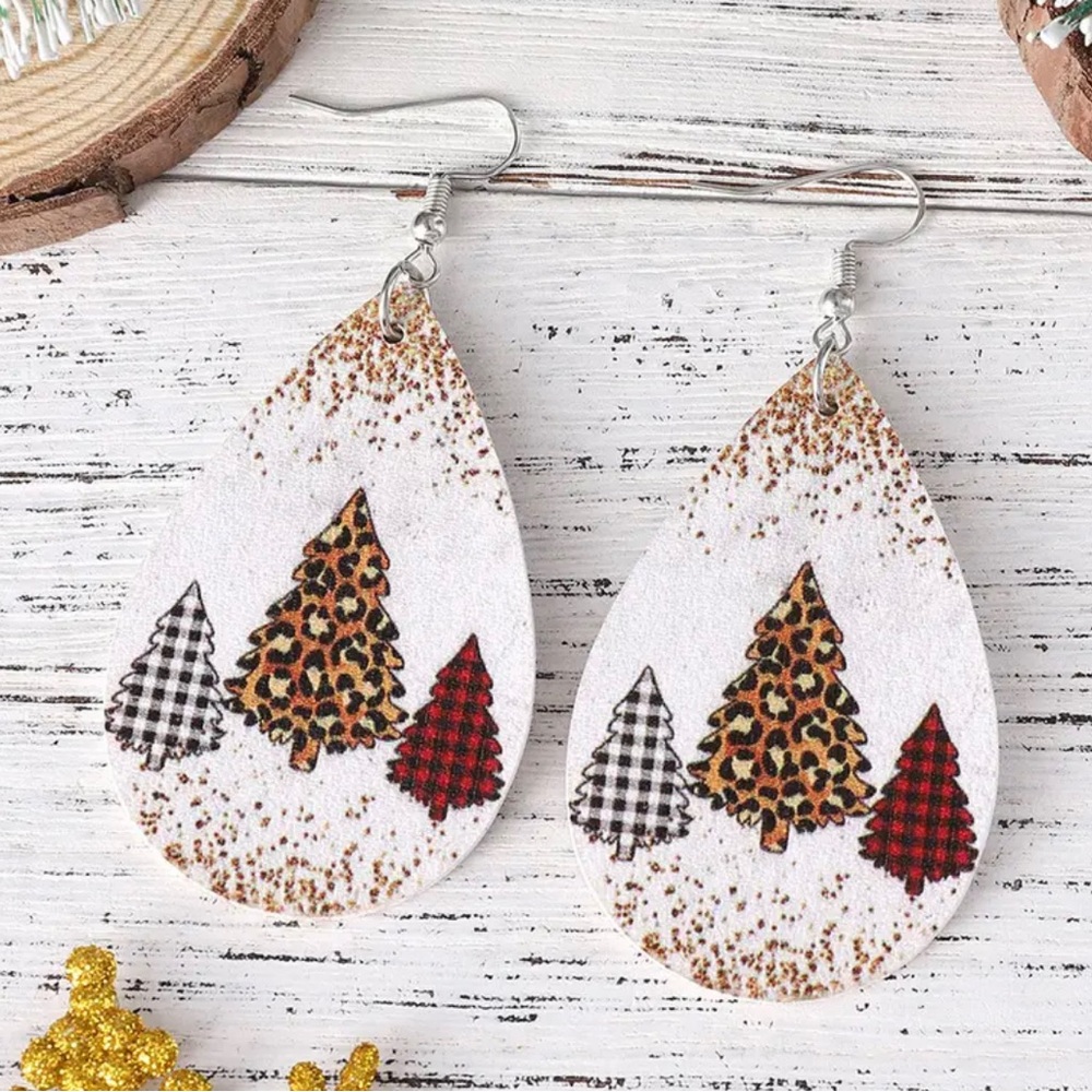 New plaid leopard Christmas tree faux leather earrings